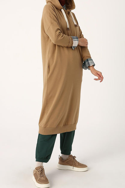 Dirty Beige Eyelet Hooded Sweat Tunic with Pockets