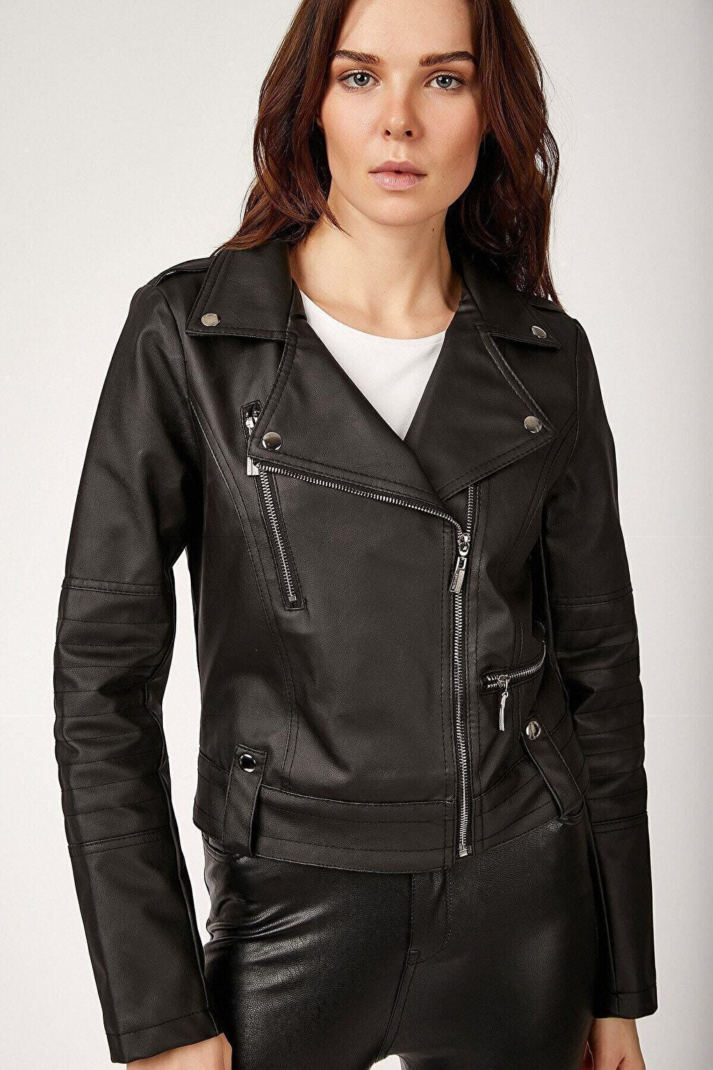 Women's Black Short Faux Leather Lined Biker Jacket HZL22W-BD110251