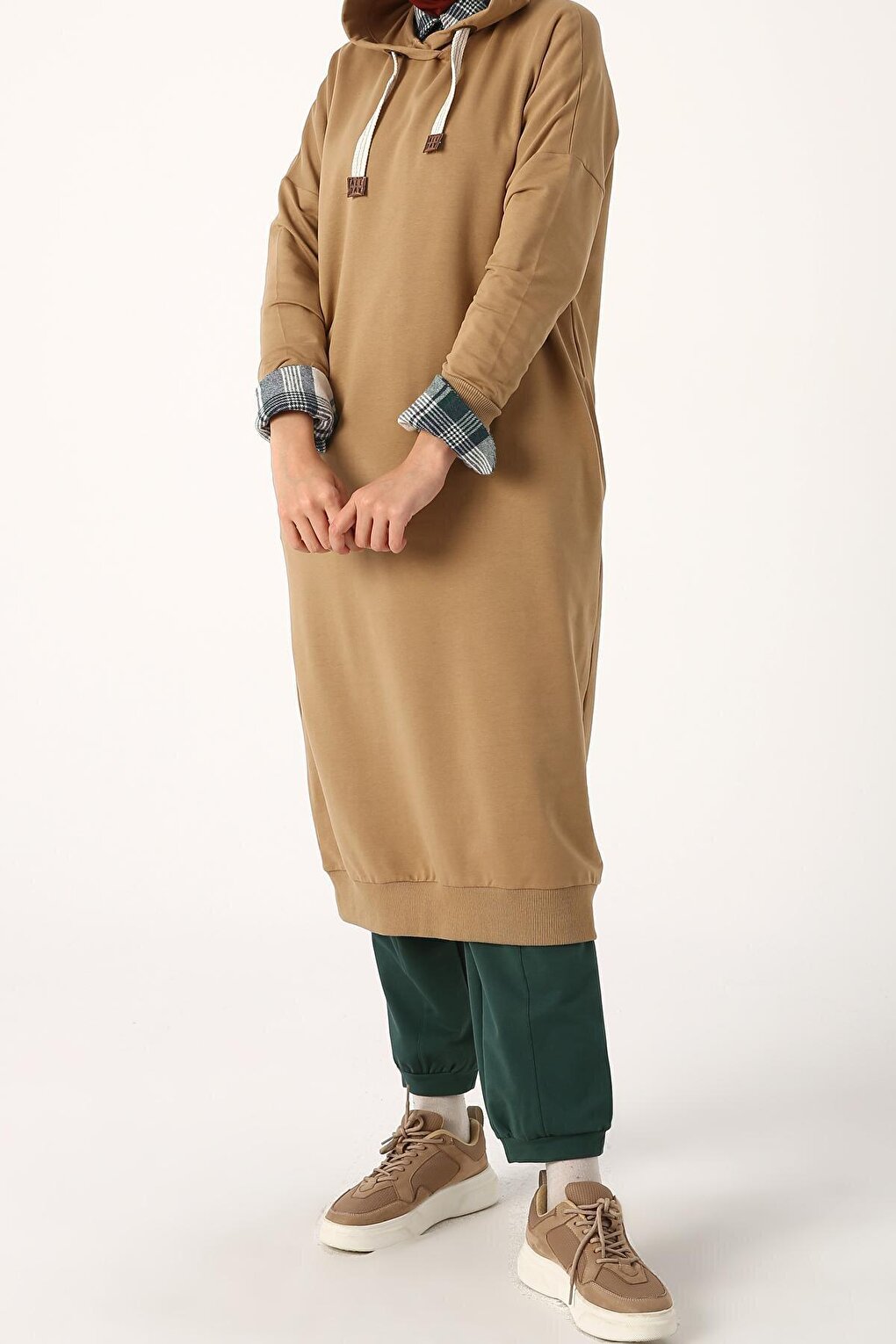 Dirty Beige Eyelet Hooded Sweat Tunic with Pockets