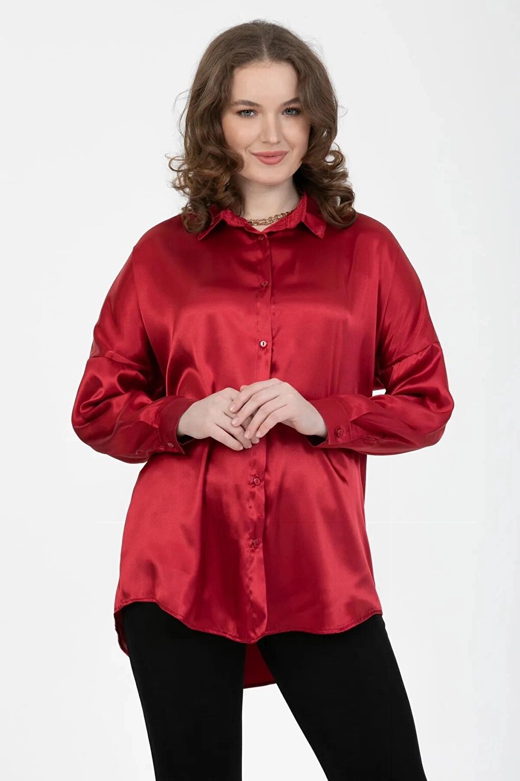 Women's Burgundy Oversize Draped Satin Finished Shirt HZL23S-BD139851