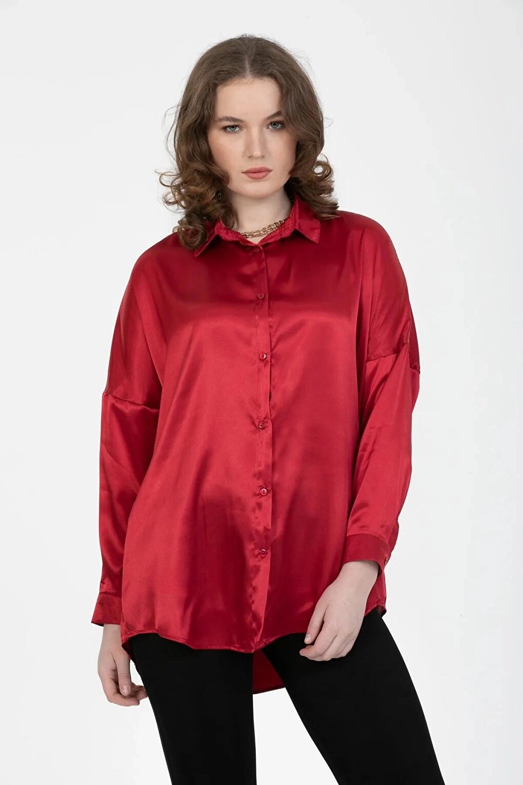 Women's Burgundy Oversize Draped Satin Finished Shirt HZL23S-BD139851