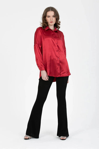 Women's Burgundy Oversize Draped Satin Finished Shirt HZL23S-BD139851