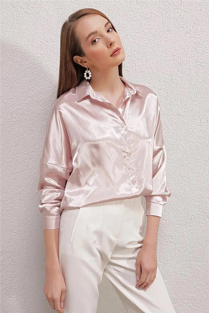 Women's Cream Oversize Draped Satin Finished Shirt HZL23S-BD139851