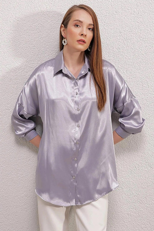 Women's Gray Oversize Draped Satin Finished Shirt HZL23S-BD139851