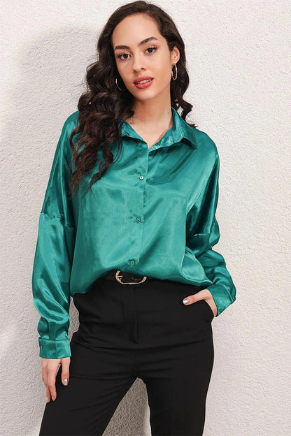 Women's Green Oversize Draped Satin Finished Shirt HZL23S-BD139851