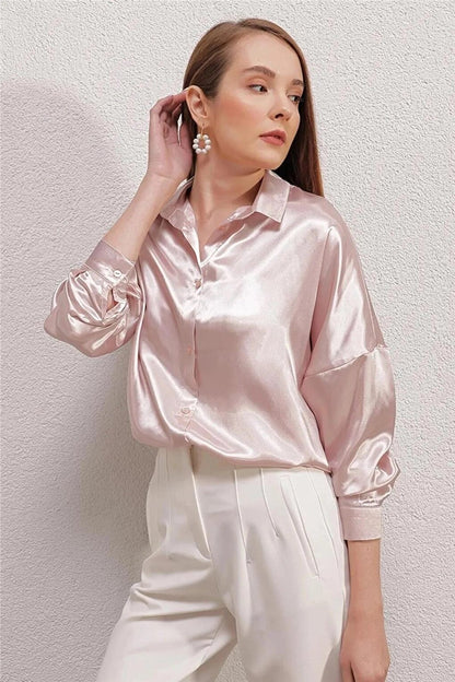 Women's Cream Oversize Draped Satin Finished Shirt HZL23S-BD139851