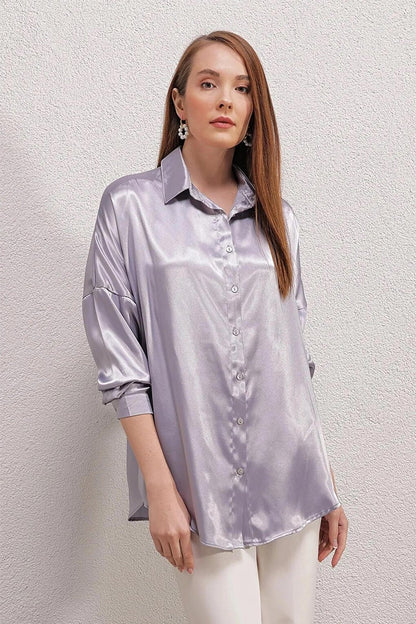 Women's Gray Oversize Draped Satin Finished Shirt HZL23S-BD139851