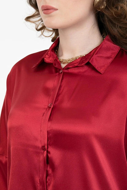 Women's Burgundy Oversize Draped Satin Finished Shirt HZL23S-BD139851