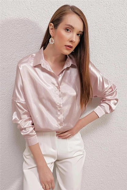 Women's Cream Oversize Draped Satin Finished Shirt HZL23S-BD139851