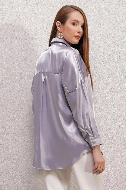 Women's Gray Oversize Draped Satin Finished Shirt HZL23S-BD139851