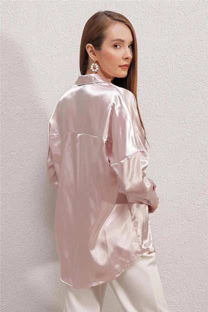 Women's Cream Oversize Draped Satin Finished Shirt HZL23S-BD139851