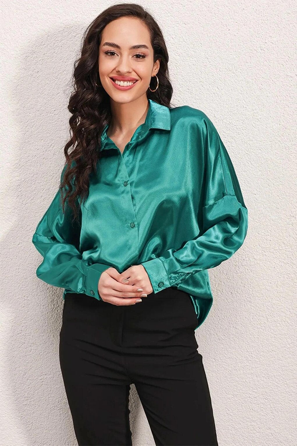 Women's Green Oversize Draped Satin Finished Shirt HZL23S-BD139851