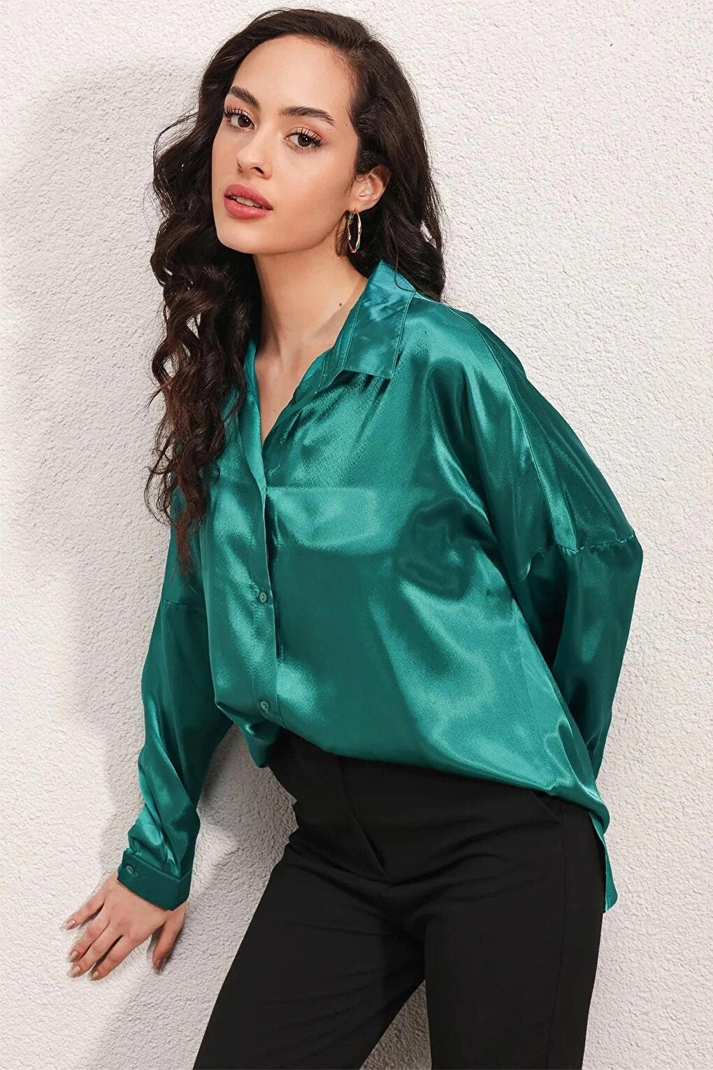 Women's Green Oversize Draped Satin Finished Shirt HZL23S-BD139851