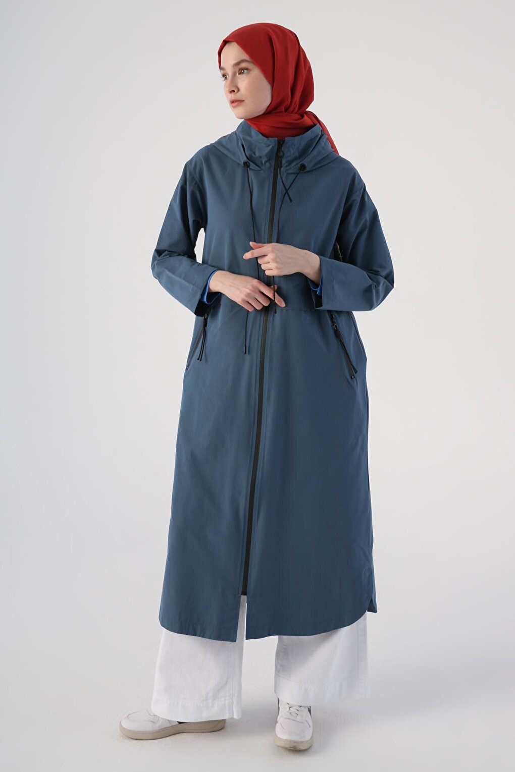 Blue Hooded Pocket Zipper Trench Coat