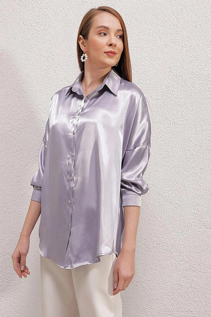 Women's Gray Oversize Draped Satin Finished Shirt HZL23S-BD139851