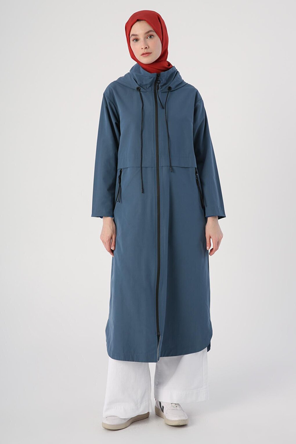 Blue Hooded Pocket Zipper Trench Coat