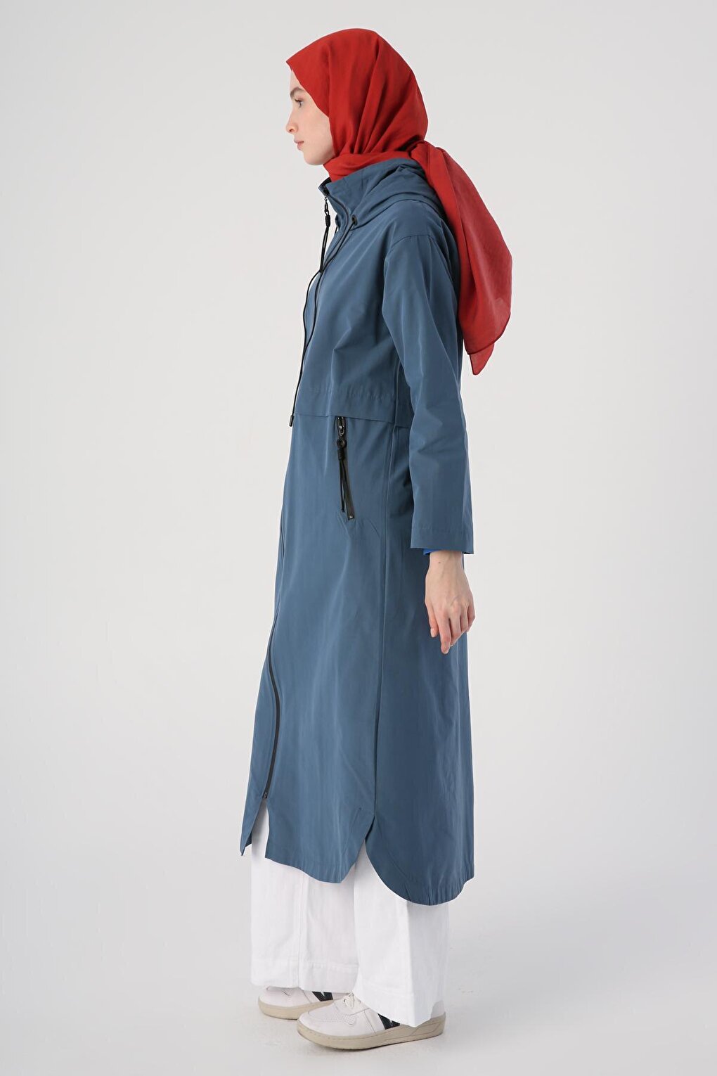 Blue Hooded Pocket Zipper Trench Coat