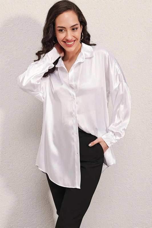 Women's White Oversize Draped Satin Finished Shirt HZL23S-BD139851