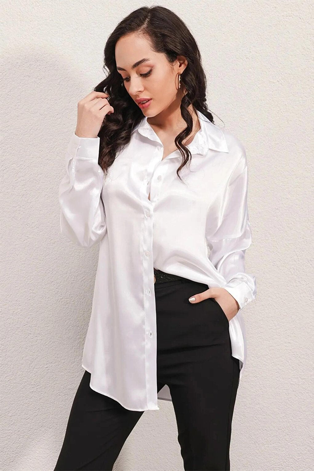 Women's White Oversize Draped Satin Finished Shirt HZL23S-BD139851