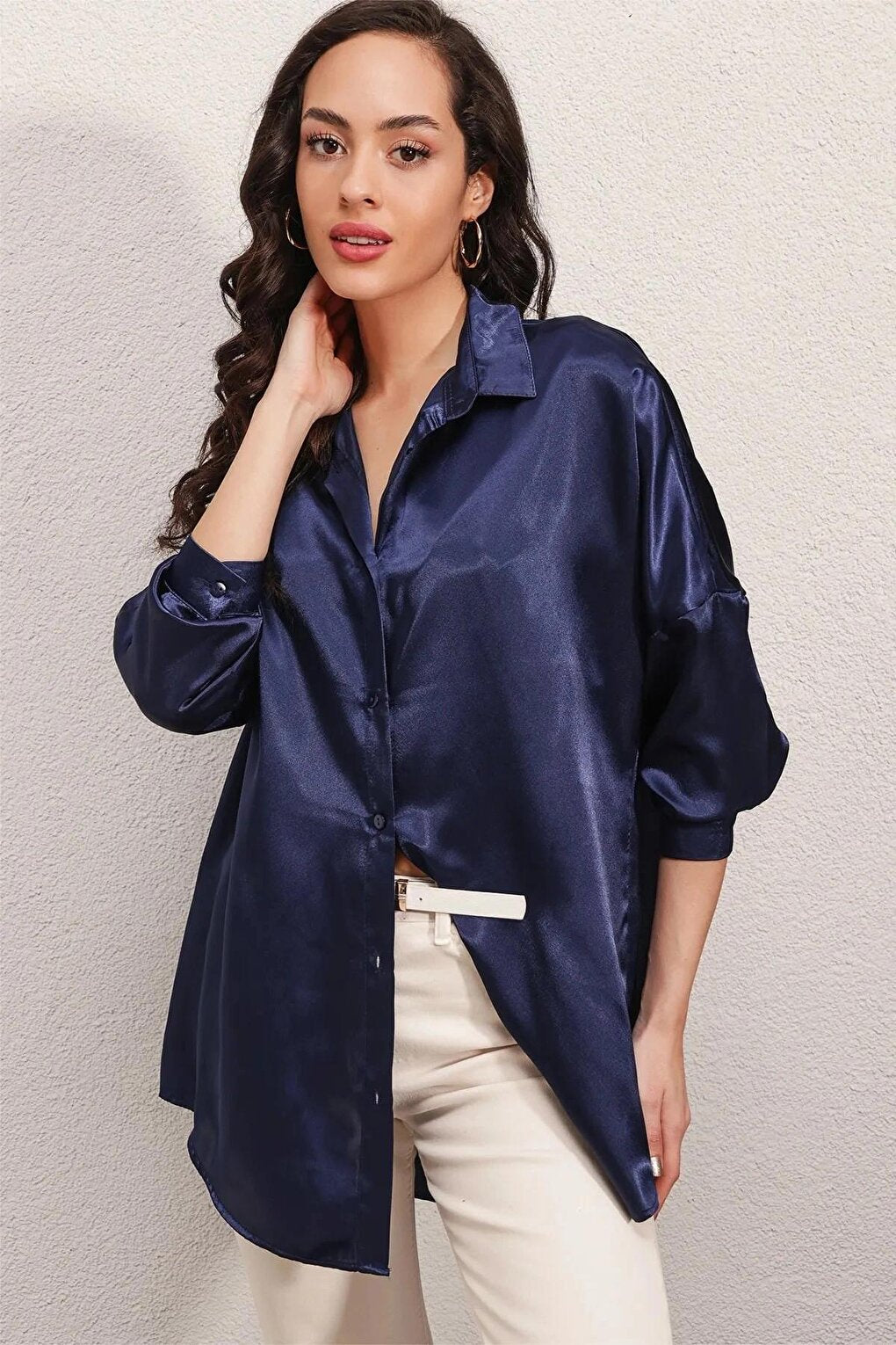 Women's Navy Blue Oversize Draped Satin Finished Shirt HZL23S-BD139851