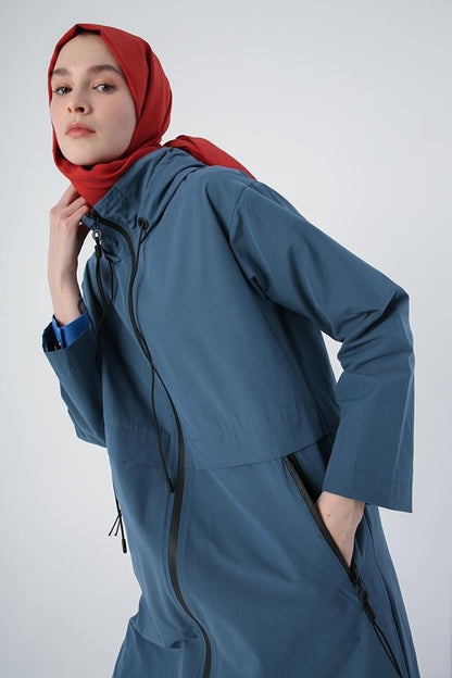 Blue Hooded Pocket Zipper Trench Coat