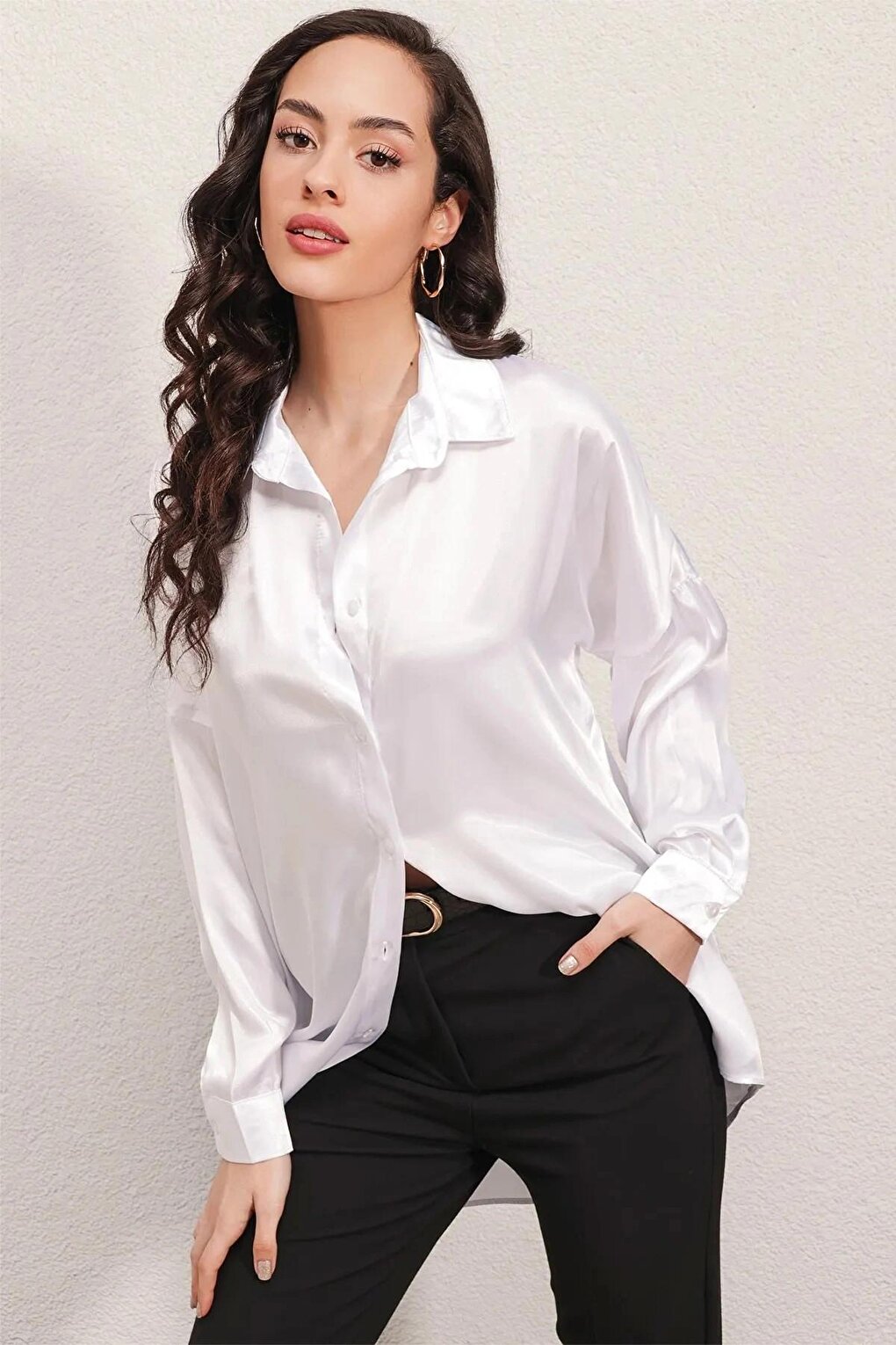 Women's White Oversize Draped Satin Finished Shirt HZL23S-BD139851