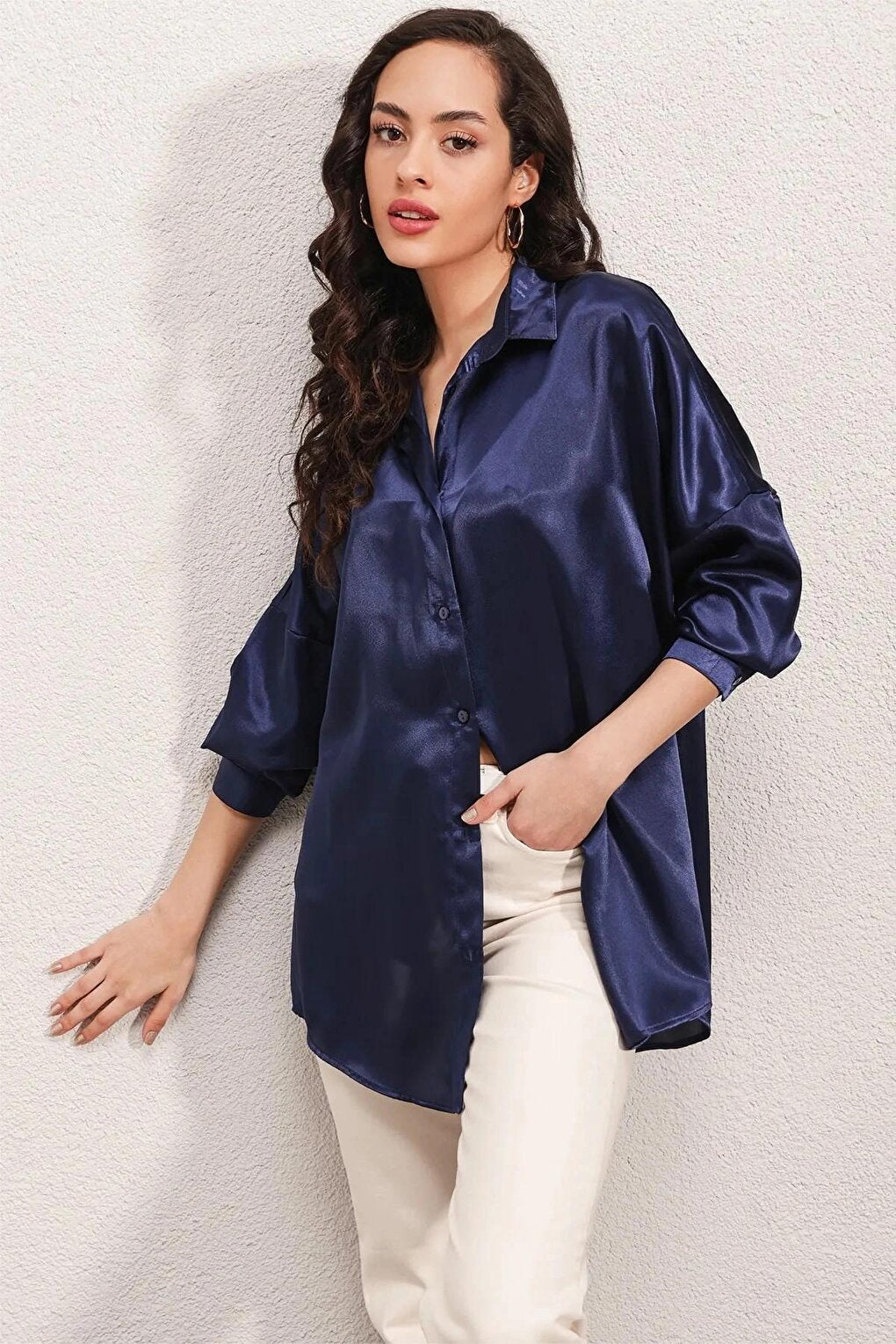 Women's Navy Blue Oversize Draped Satin Finished Shirt HZL23S-BD139851