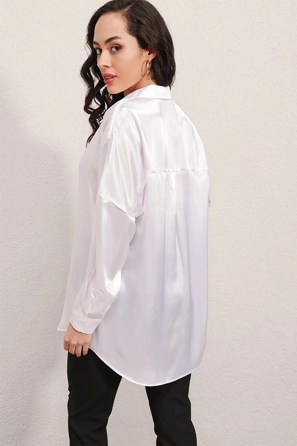 Women's White Oversize Draped Satin Finished Shirt HZL23S-BD139851