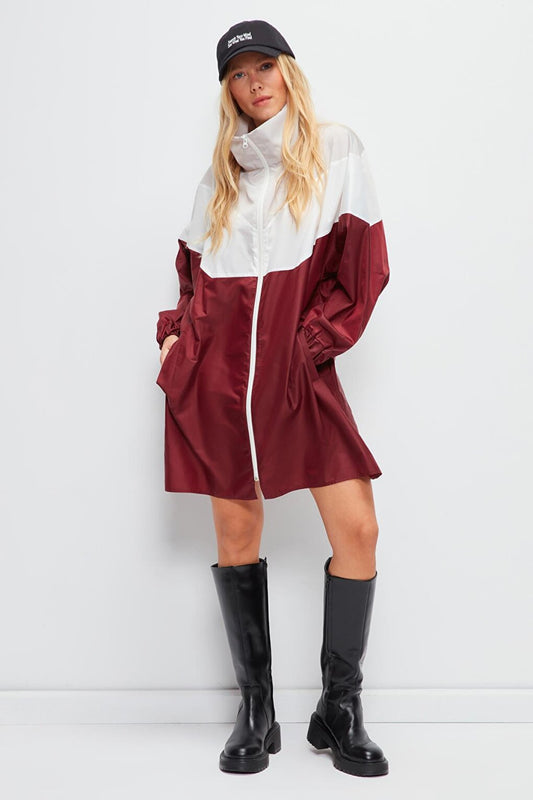 Long Sleeve Color Blocked Hooded Long Raincoat