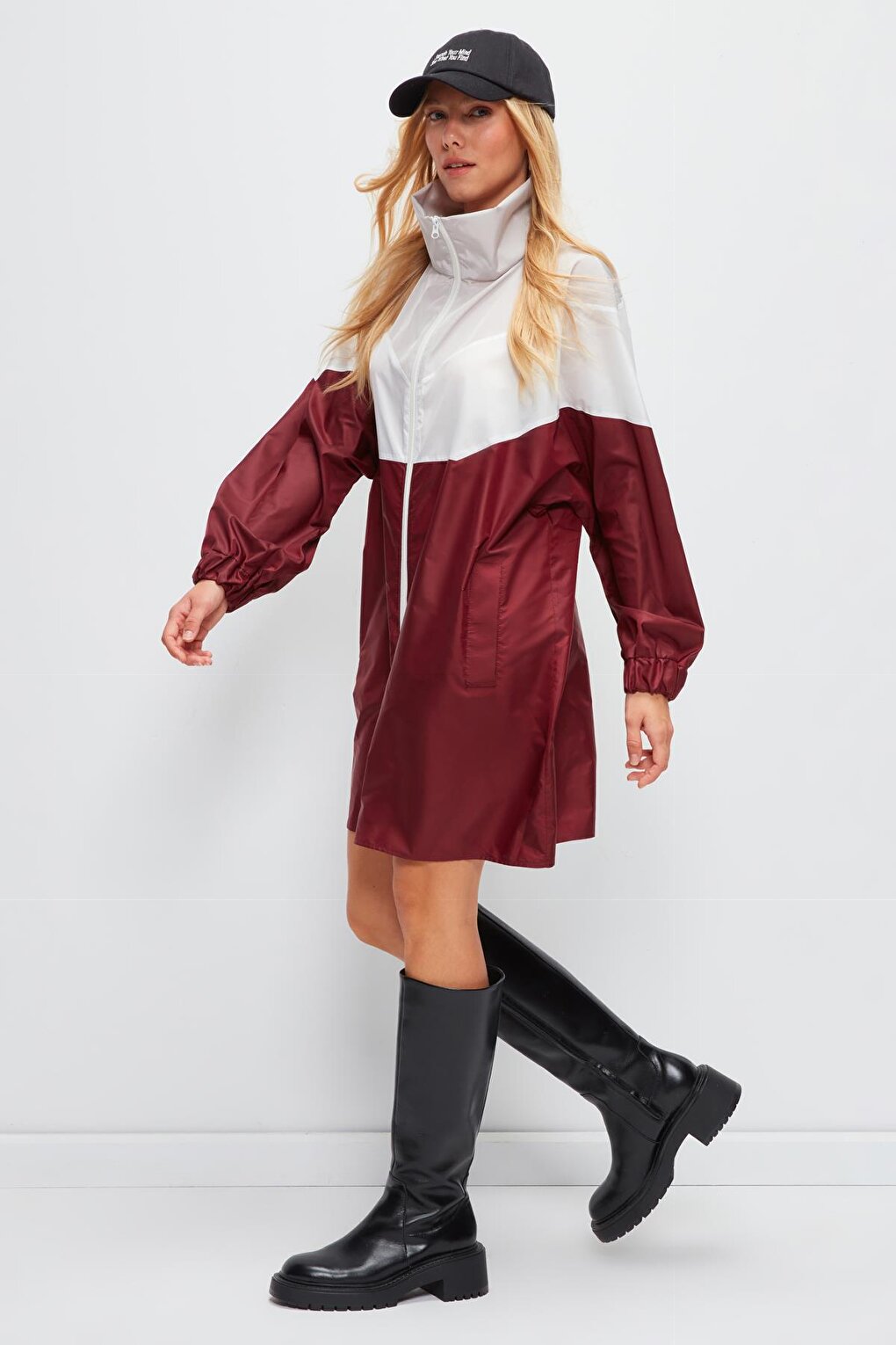 Long Sleeve Color Blocked Hooded Long Raincoat