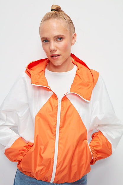 Long Sleeve Color Block Hooded Short Raincoat