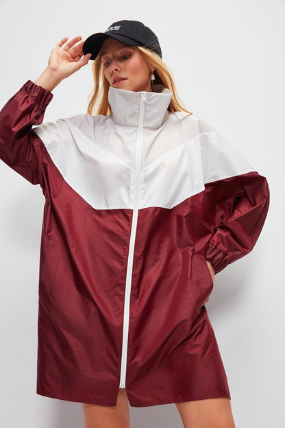 Long Sleeve Color Blocked Hooded Long Raincoat