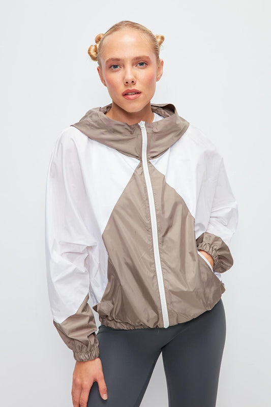 Long Sleeve Color Block Hooded Short Raincoat