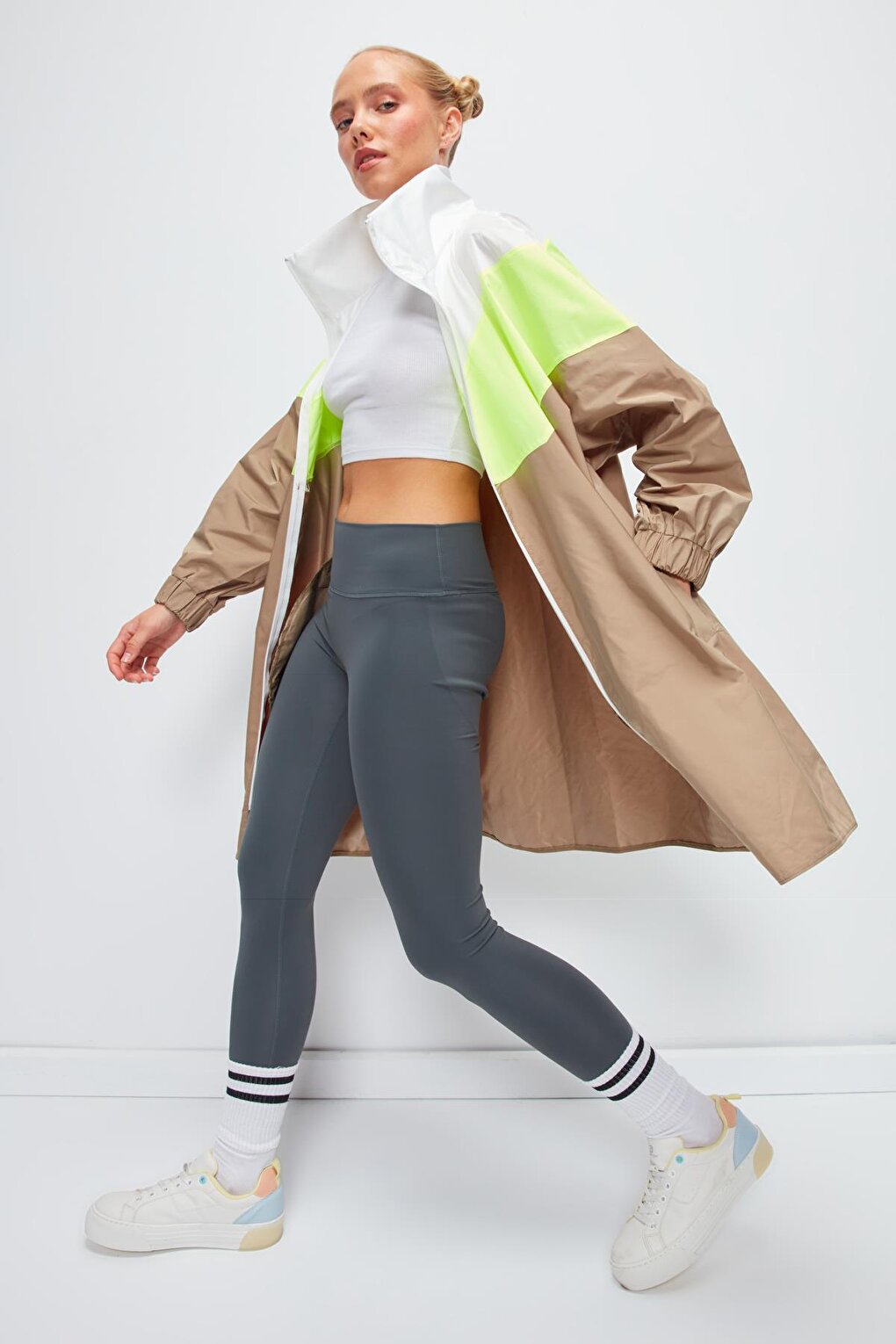 Long Sleeve Color Blocked Hooded Long Raincoat