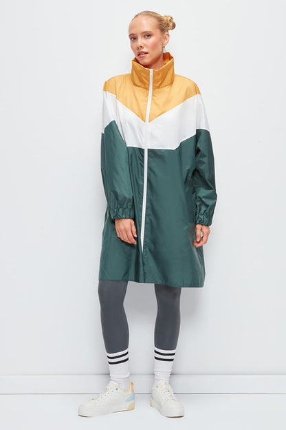 Long Sleeve Color Blocked Hooded Long Raincoat