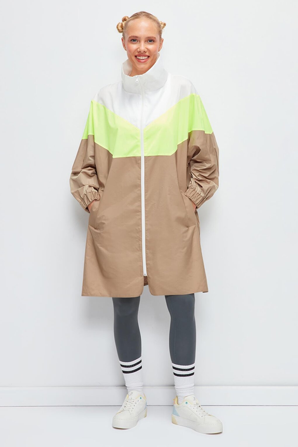 Long Sleeve Color Blocked Hooded Long Raincoat