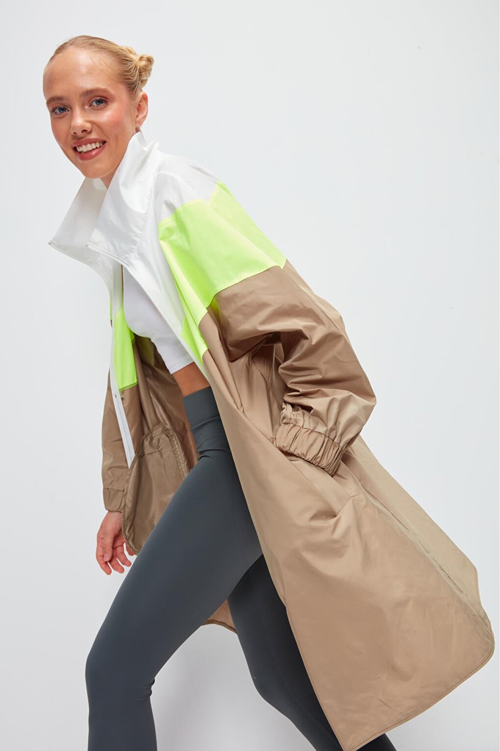 Long Sleeve Color Blocked Hooded Long Raincoat