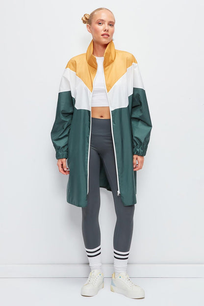 Long Sleeve Color Blocked Hooded Long Raincoat