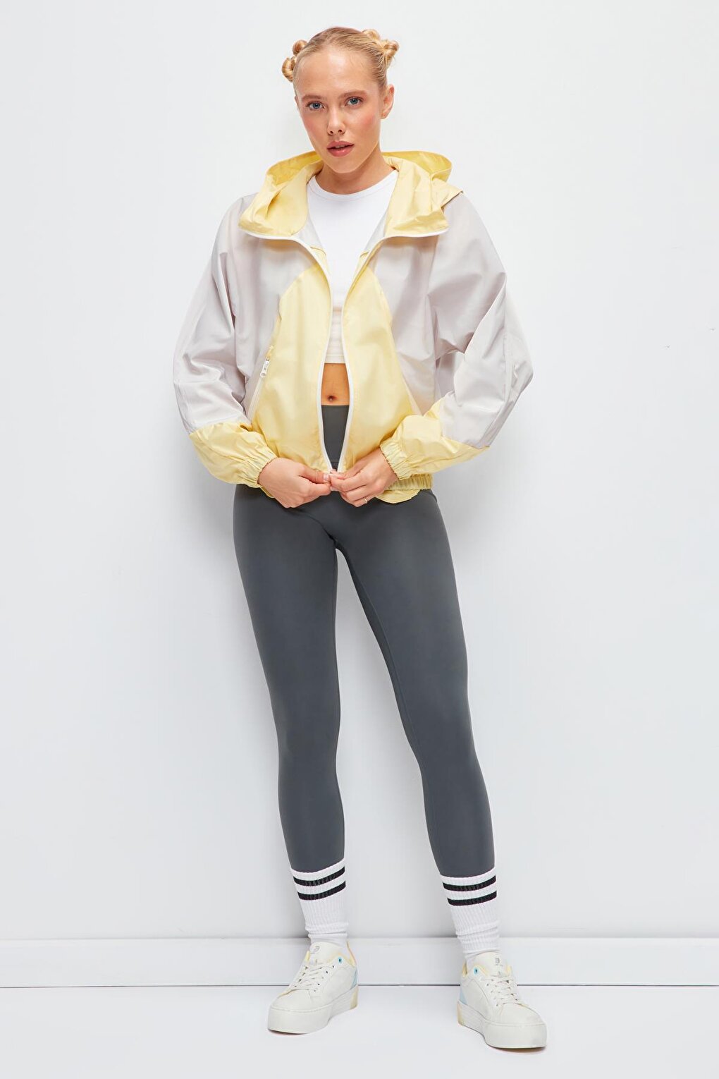 Long Sleeve Color Block Hooded Short Raincoat