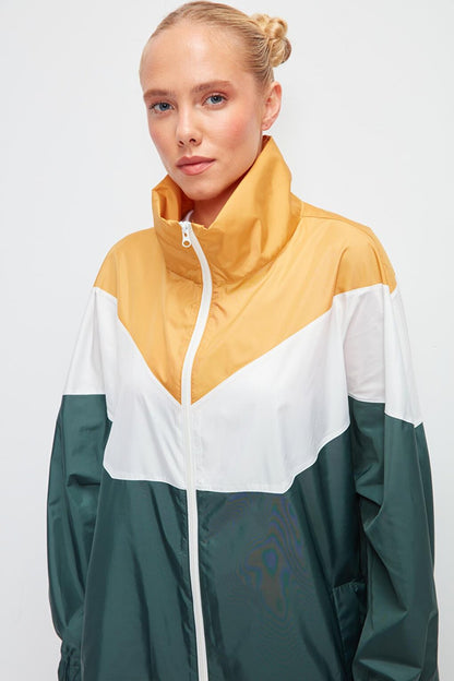 Long Sleeve Color Blocked Hooded Long Raincoat