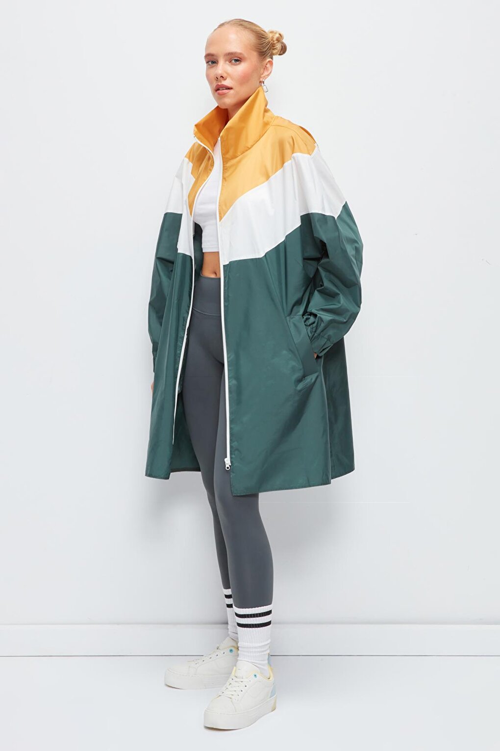 Long Sleeve Color Blocked Hooded Long Raincoat