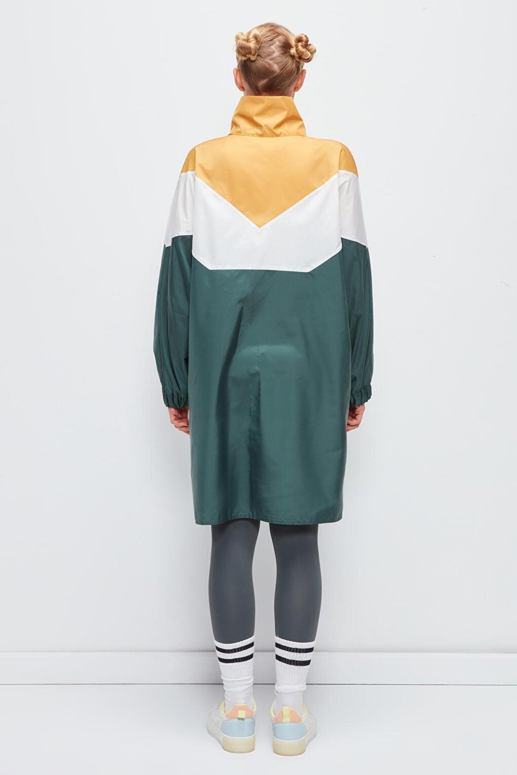 Long Sleeve Color Blocked Hooded Long Raincoat