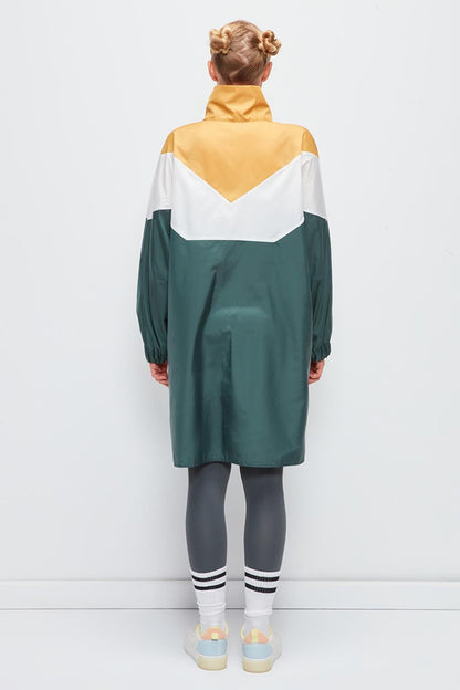 Long Sleeve Color Blocked Hooded Long Raincoat