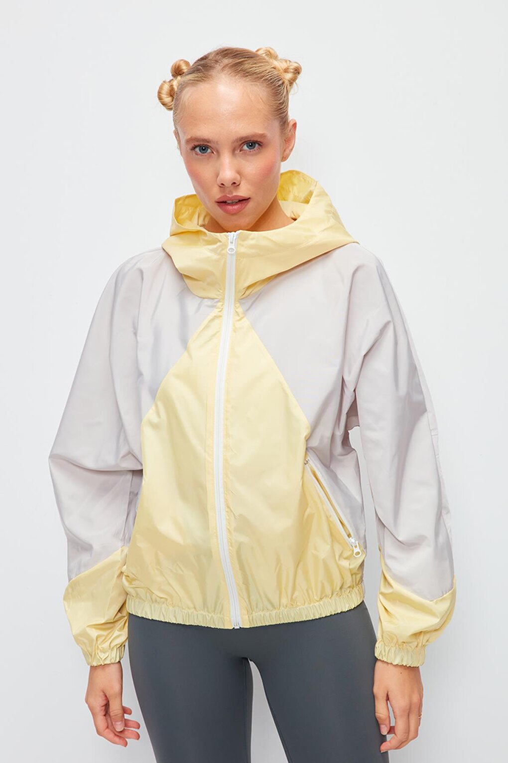 Long Sleeve Color Block Hooded Short Raincoat