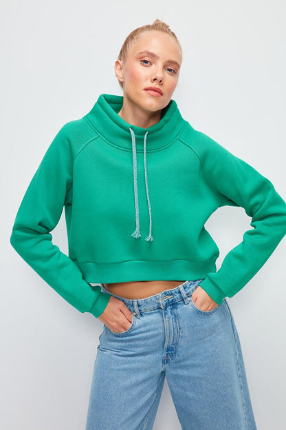 Solid Color Cord Detailed Short Sweatshirt