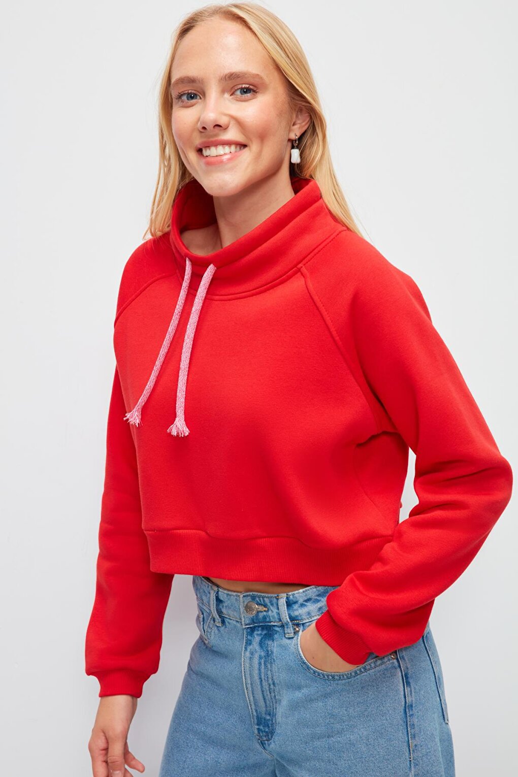 Solid Color Cord Detailed Short Sweatshirt