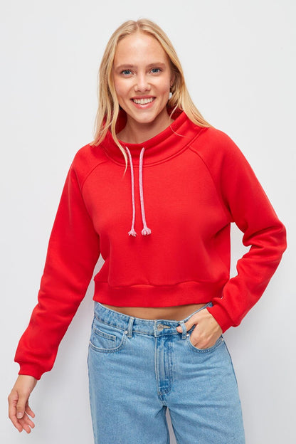 Solid Color Cord Detailed Short Sweatshirt