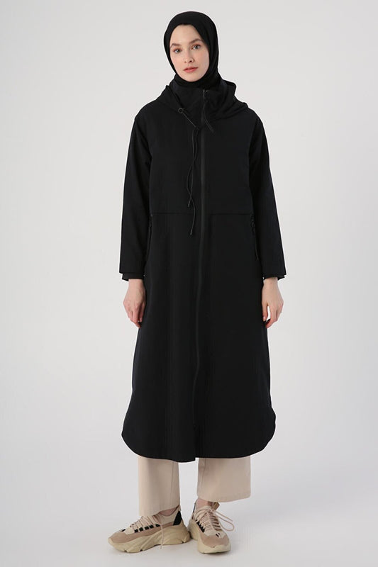 Black Hooded Pocket Zipper Trench Coat