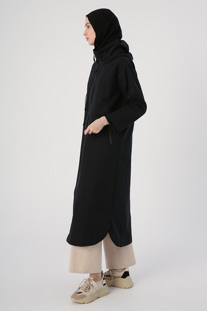 Black Hooded Pocket Zipper Trench Coat