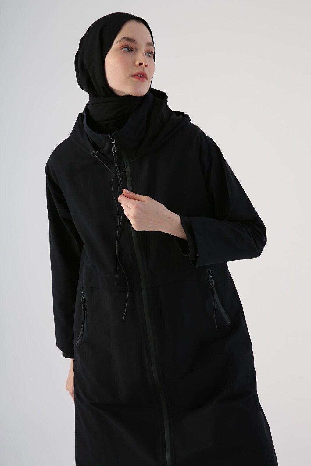 Black Hooded Pocket Zipper Trench Coat